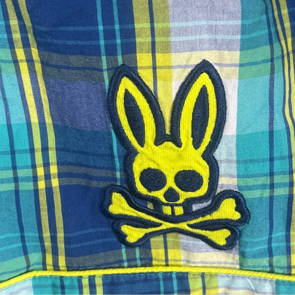 Psycho Bunny Plaid Shorts with Embroidered Bunny Logo Yellow/Blue Size‎ Small